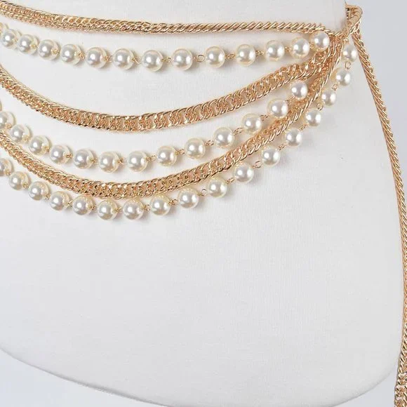 Oversized Layered Faux Pearl and Chain Belt - Picture 7 of 8
